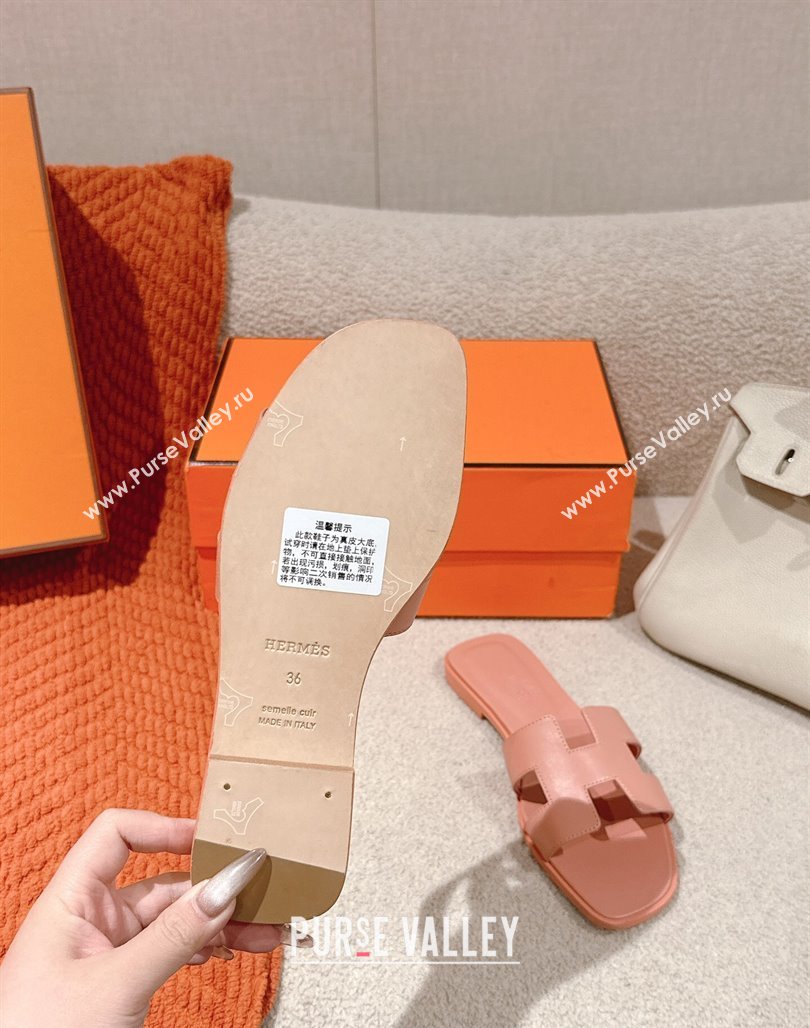Hermes Oran Classic Flat Slides Sandal in Smooth Calfskin Peachy Pink 2025 0421 (MD-250421069)
