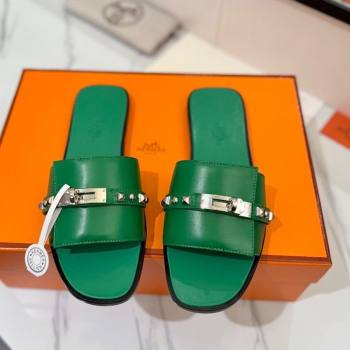 Hermes Giulia Flat Slides Sandal in Calfskin Leather with Kelly Buckle and Studs Green2 2025 0421 (MD-250421020)