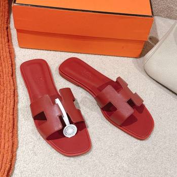 Hermes Oran Classic Flat Slides Sandal in Smooth Calfskin Dark Red 2025 0421 (MD-250421075)