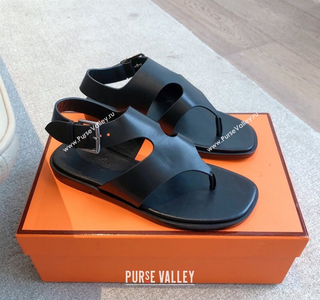 Hermes Karen Flat Sandals in Calfskin Leather Black 2025 0421 (MD-250421079)