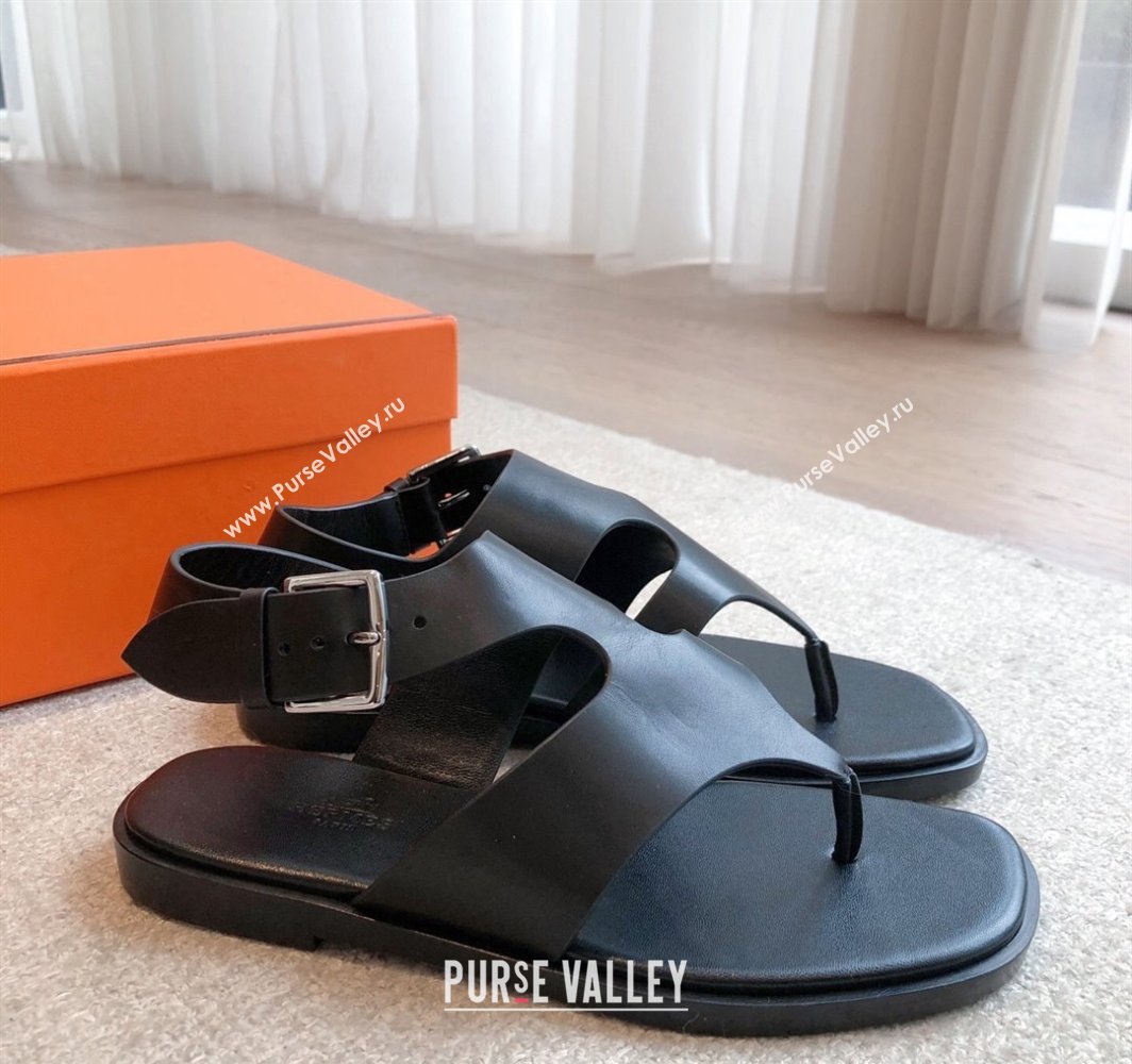 Hermes Karen Flat Sandals in Calfskin Leather Black 2025 0421 (MD-250421079)