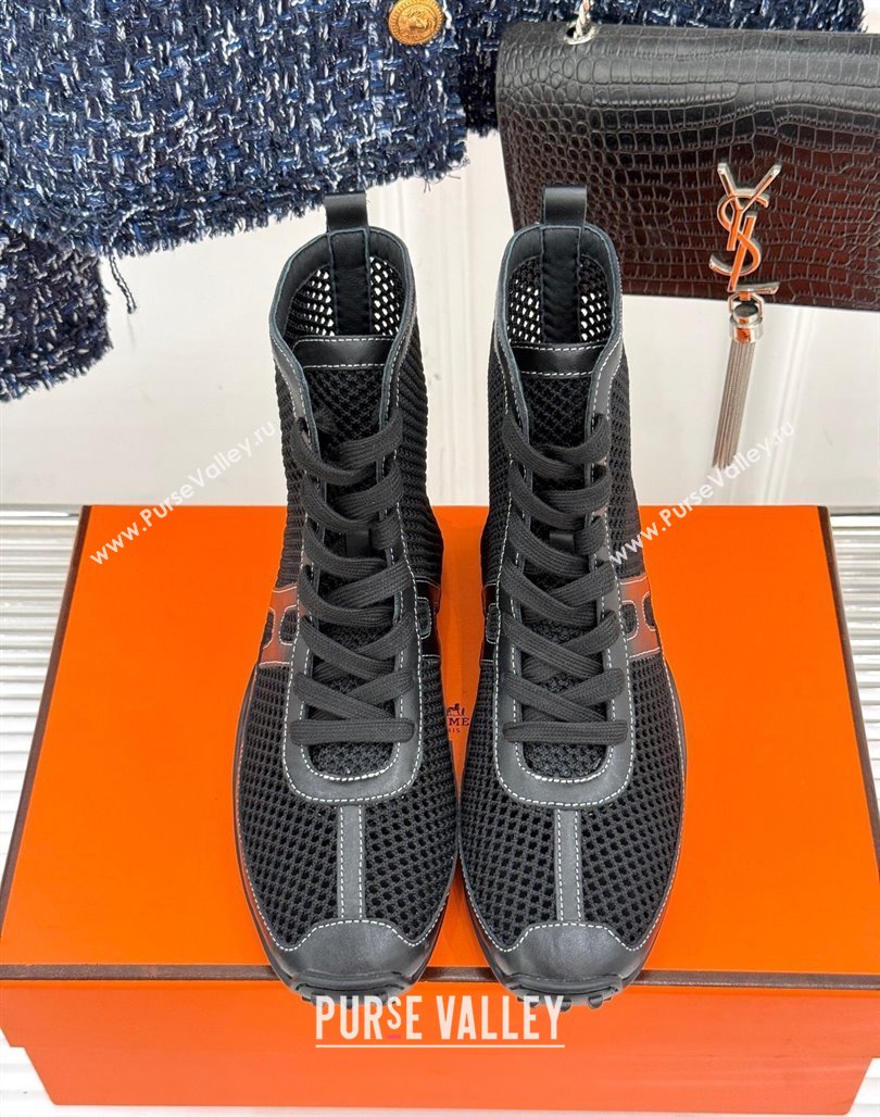 Hermes Kiatsu High-top Sneakers in Crochet Knit Mesh and Calfskin Black 2025 0421 (MD-250421015)