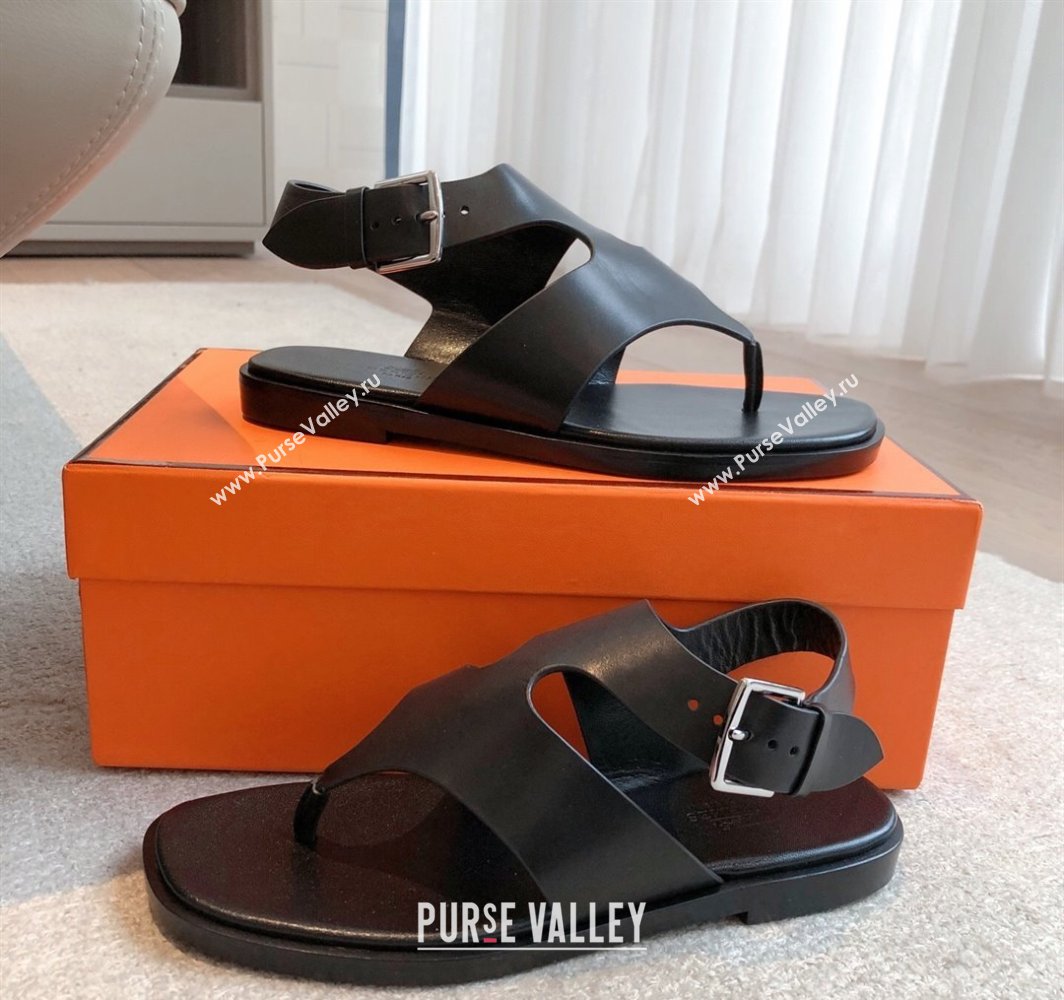 Hermes Karen Flat Sandals in Calfskin Leather Black 2025 0421 (MD-250421079)