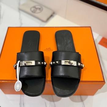 Hermes Giulia Flat Slides Sandal in Calfskin Leather with Kelly Buckle and Studs Black 2025 0421 (MD-250421021)
