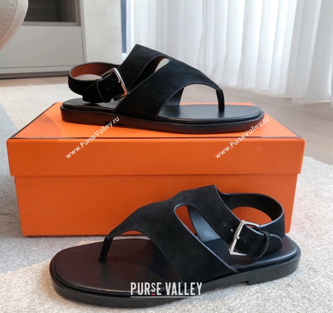 Hermes Karen Flat Sandals in Suede Black 2025 0421 (MD-250421083)
