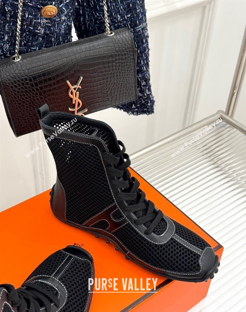 Hermes Kiatsu High-top Sneakers in Crochet Knit Mesh and Calfskin Black 2025 0421 (MD-250421015)