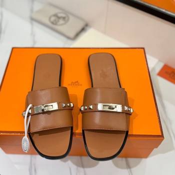 Hermes Giulia Flat Slides Sandal in Calfskin Leather with Kelly Buckle and Studs Brown 2025 0421 (MD-250421023)
