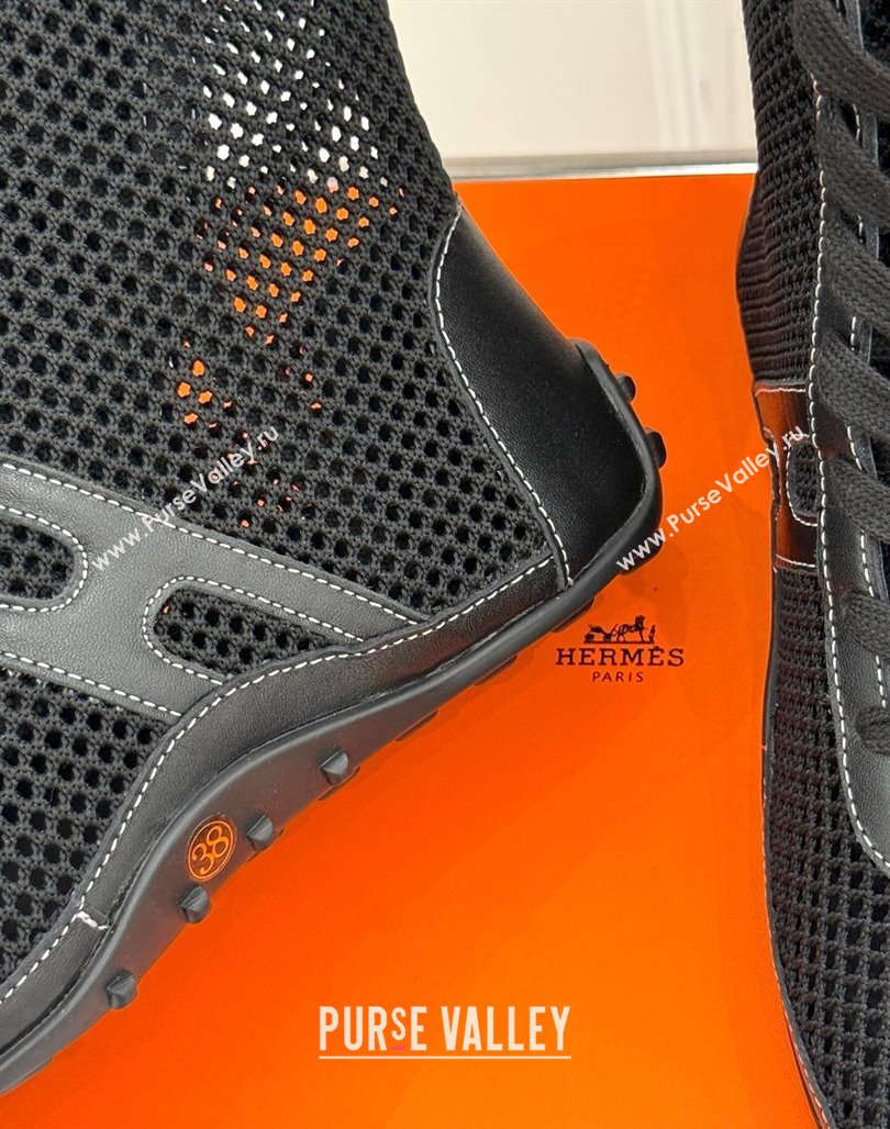 Hermes Kiatsu High-top Sneakers in Crochet Knit Mesh and Calfskin Black 2025 0421 (MD-250421015)