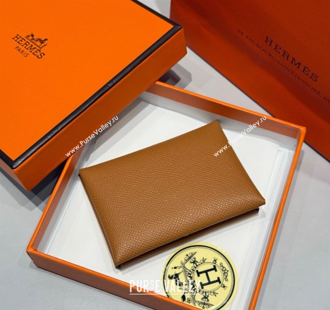 Hermes Calvi Duo Compact Card Holder Wallet in Epsom Leather Brown 2025 (FL-250522087)