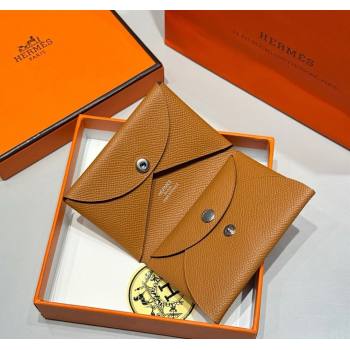 Hermes Calvi Duo Compact Card Holder Wallet in Epsom Leather Brown 2025 (FL-250522087)