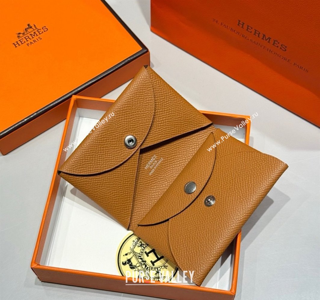 Hermes Calvi Duo Compact Card Holder Wallet in Epsom Leather Brown 2025 (FL-250522087)