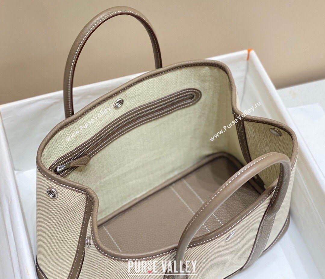 Hermes Garden Party Bag 30cm in Canvas and Grained Leather Beige/Elephant Grey 20250522 (FL-250522064)