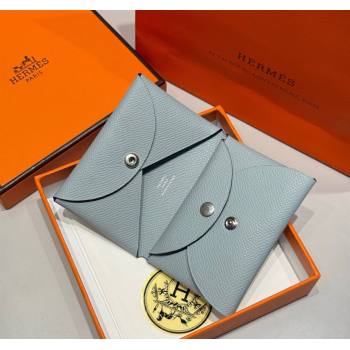 Hermes Calvi Duo Compact Card Holder Wallet in Epsom Leather Linen Blue 2025 (FL-250522096)
