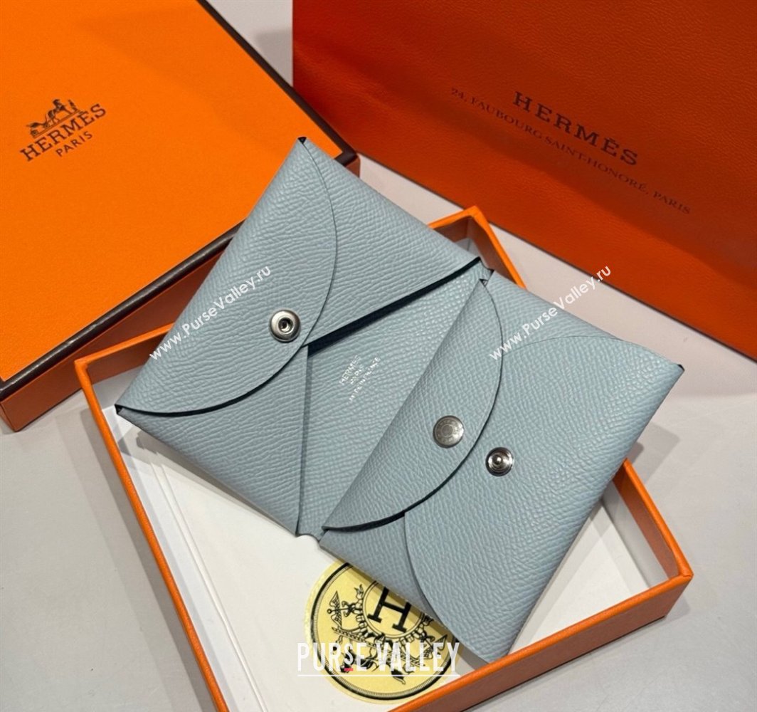 Hermes Calvi Duo Compact Card Holder Wallet in Epsom Leather Linen Blue 2025 (FL-250522096)