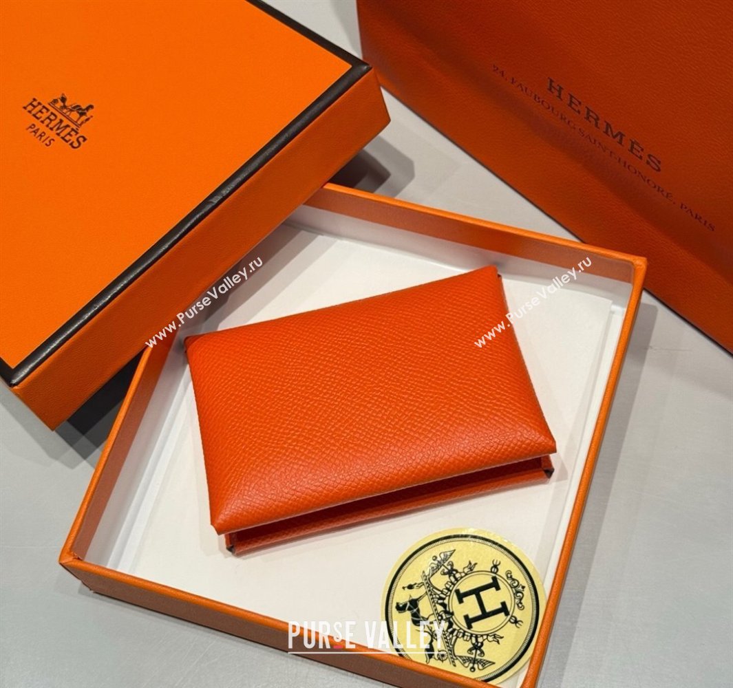 Hermes Calvi Duo Compact Card Holder Wallet in Epsom Leather Orange 2025 (FL-250522100)