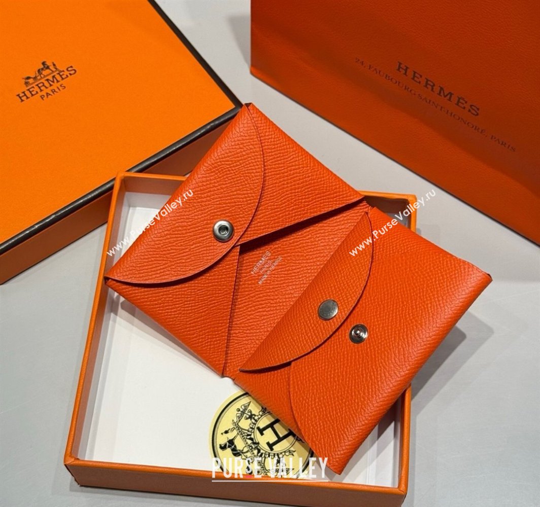 Hermes Calvi Duo Compact Card Holder Wallet in Epsom Leather Orange 2025 (FL-250522100)
