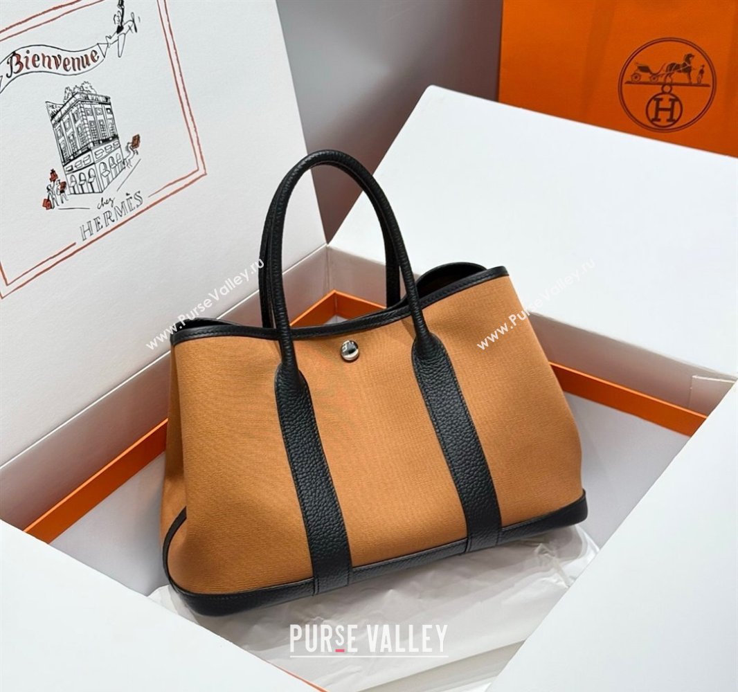 Hermes Garden Party Bag 30cm in Canvas and Grained Leather Sesame Brown/Black 2025 (Half Handmade) (FL-250522073)