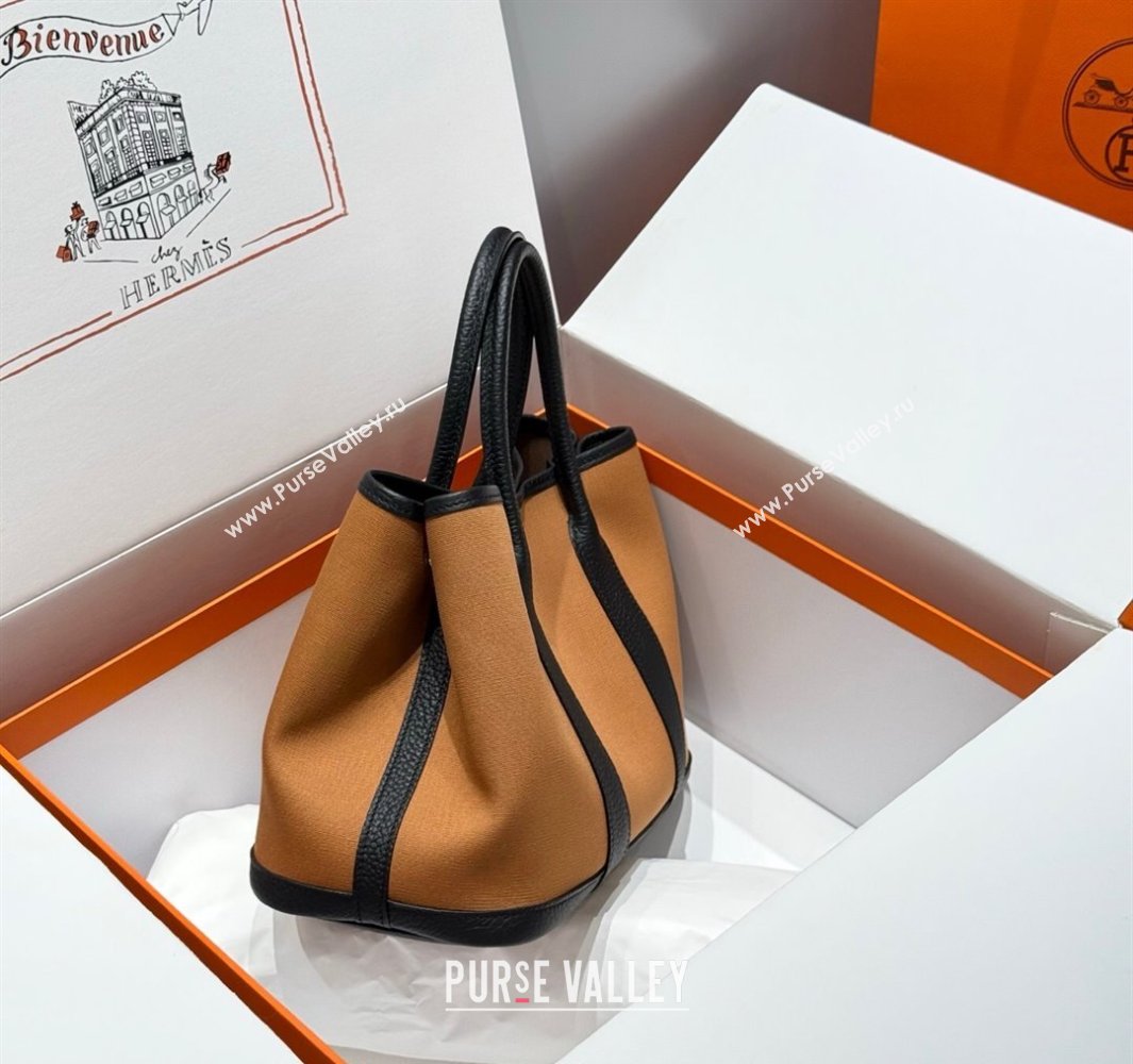 Hermes Garden Party Bag 30cm in Canvas and Grained Leather Sesame Brown/Black 2025 (Half Handmade) (FL-250522073)