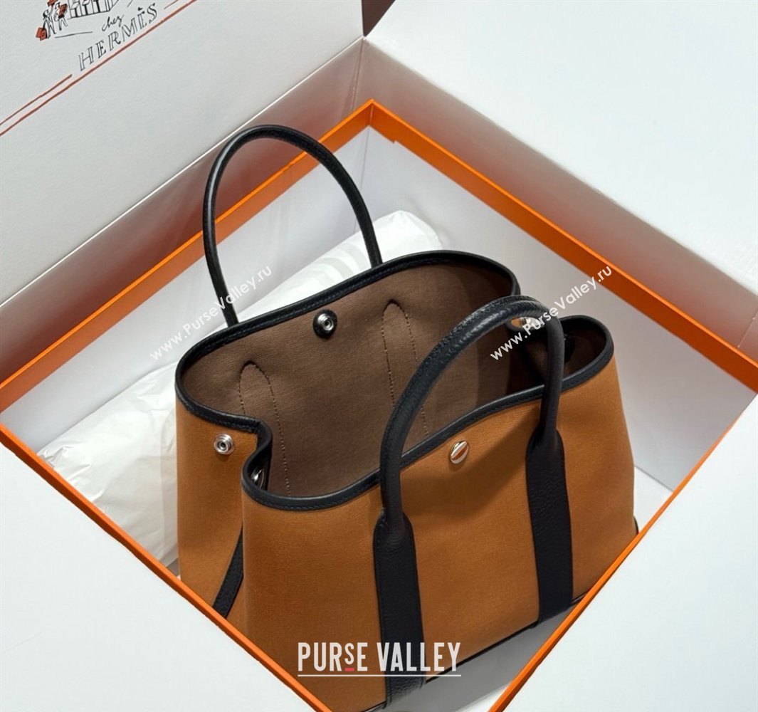 Hermes Garden Party Bag 30cm in Canvas and Grained Leather Sesame Brown/Black 2025 (Half Handmade) (FL-250522073)