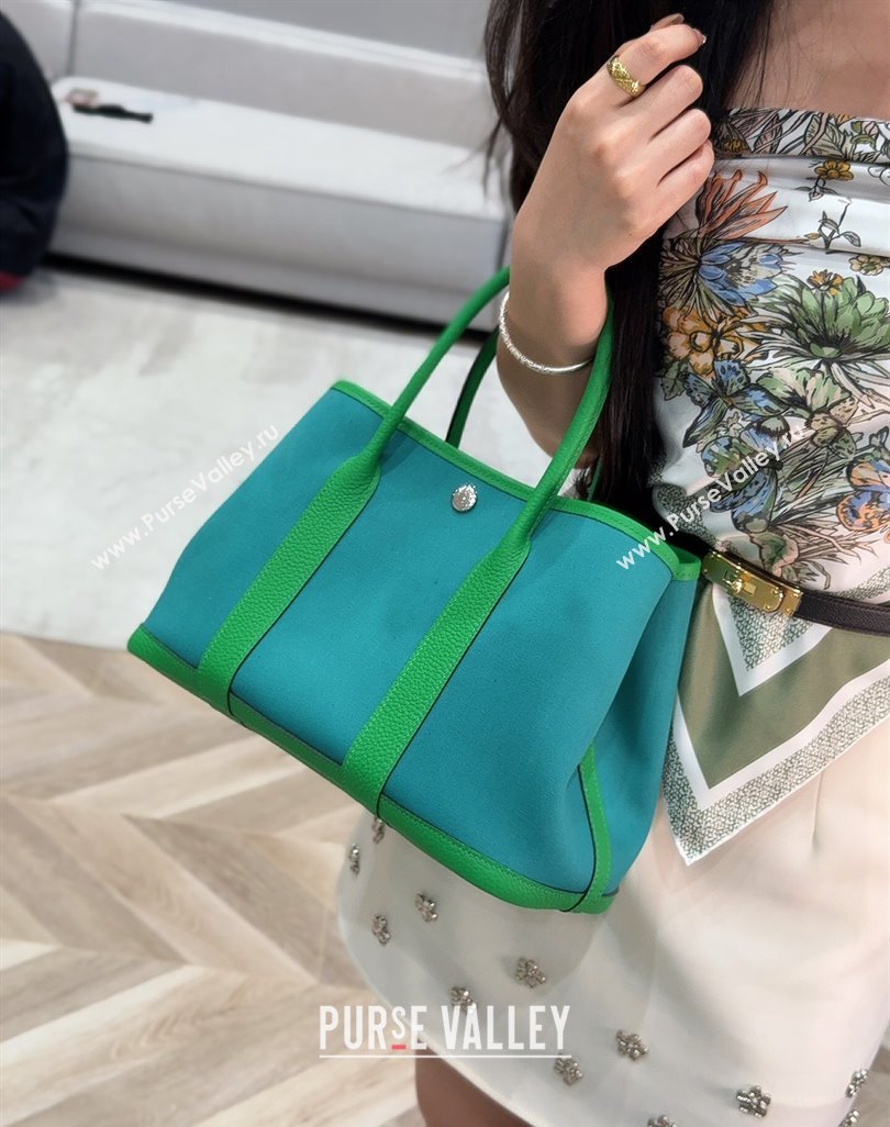 Hermes Garden Party Bag 30cm in Canvas and Grained Leather Bamboo/Imperial Green 2025 (Half Handmade) (FL-250522074)