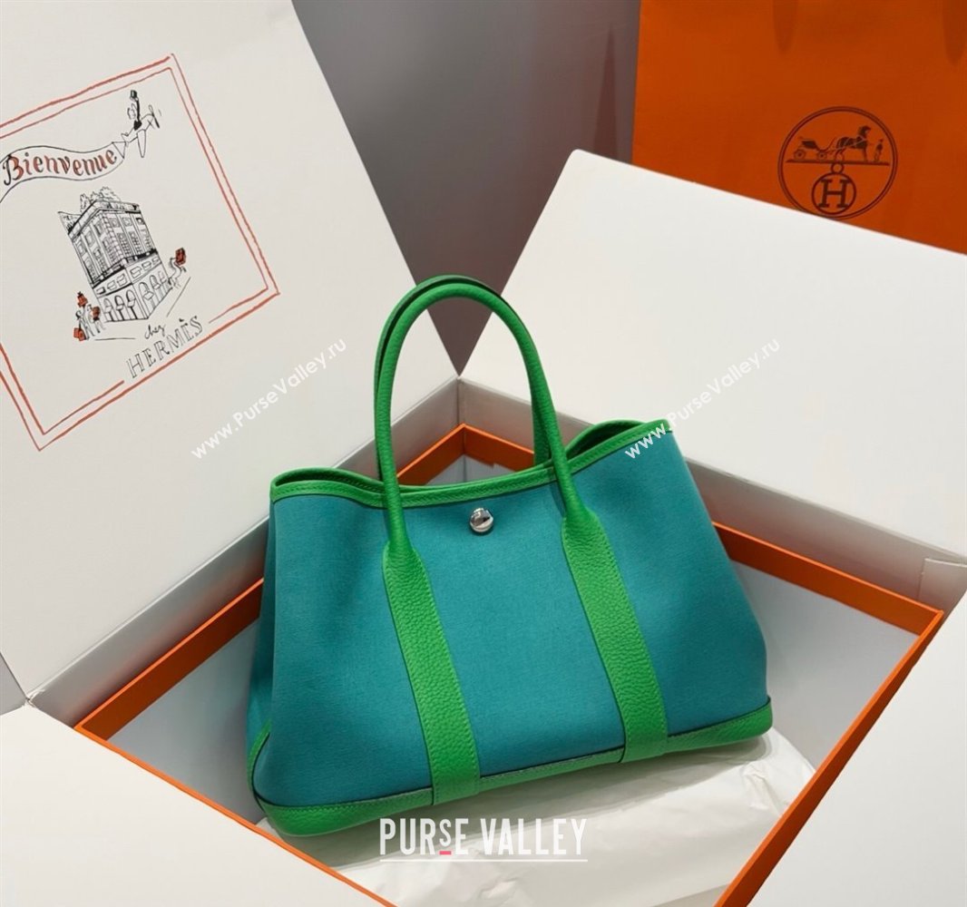 Hermes Garden Party Bag 30cm in Canvas and Grained Leather Bamboo/Imperial Green 2025 (Half Handmade) (FL-250522074)