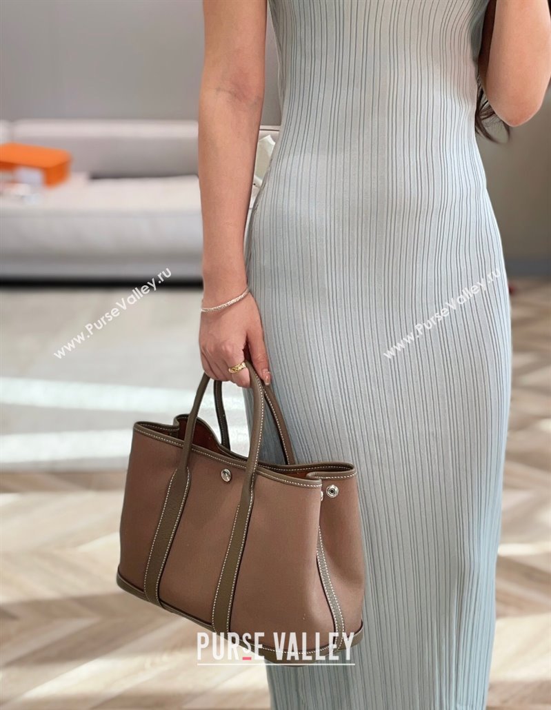 Hermes Garden Party Bag 30cm in Canvas and Grained Leather Elephant Grey/Brown 2025 (Half Handmade) (FL-250522075)
