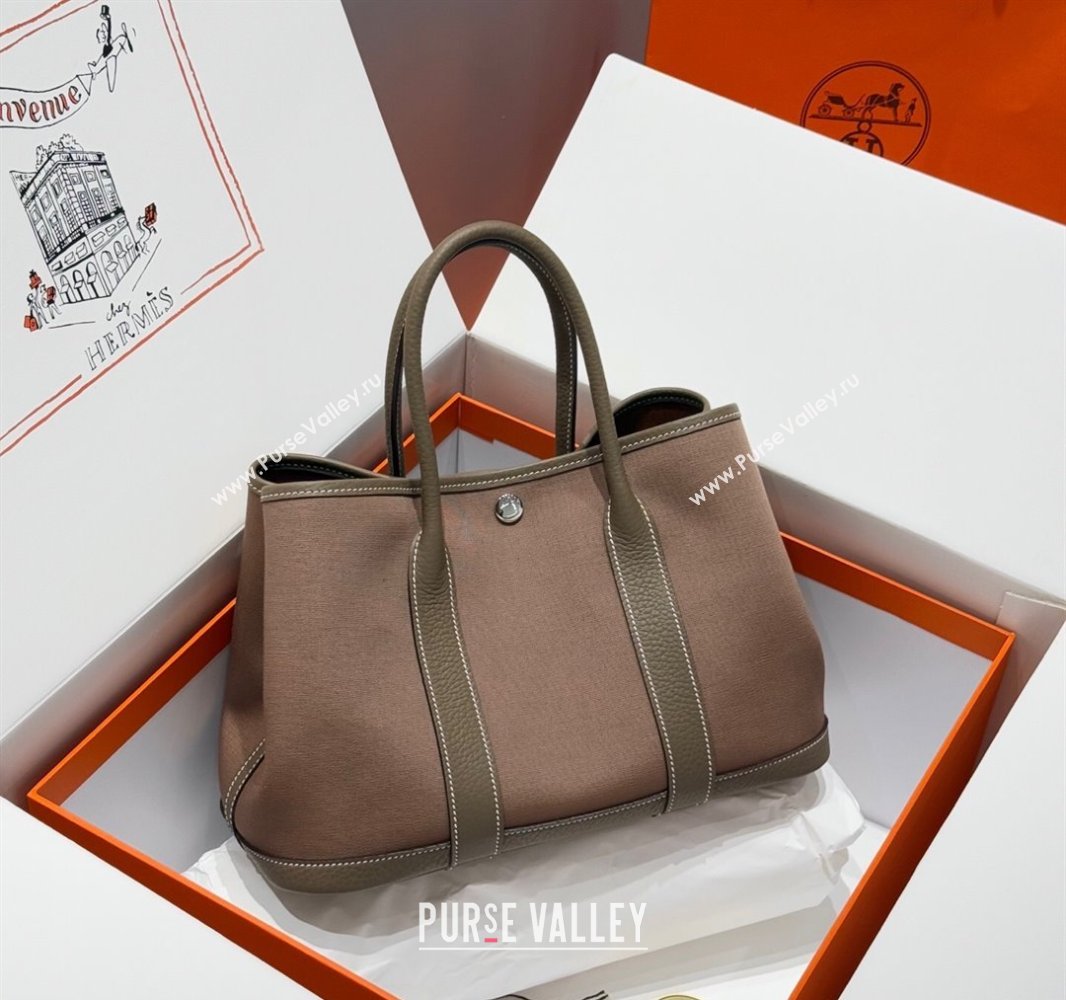 Hermes Garden Party Bag 30cm in Canvas and Grained Leather Elephant Grey/Brown 2025 (Half Handmade) (FL-250522075)