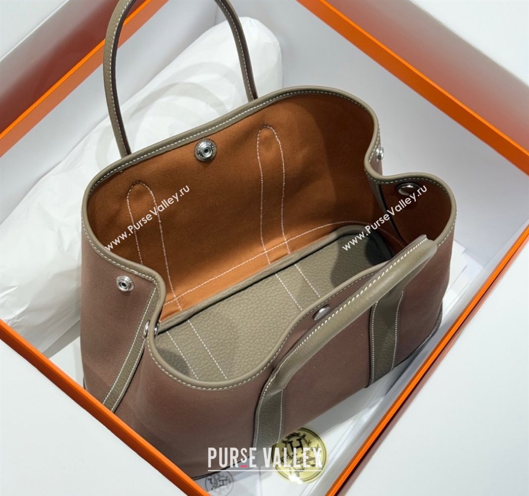 Hermes Garden Party Bag 30cm in Canvas and Grained Leather Elephant Grey/Brown 2025 (Half Handmade) (FL-250522075)