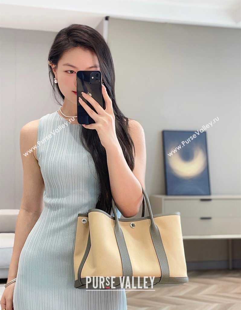 Hermes Garden Party Bag 30cm in Canvas and Grained Leather Cream Beige/Cloud Grey 2025 (Half Handmade) (FL-250522076)