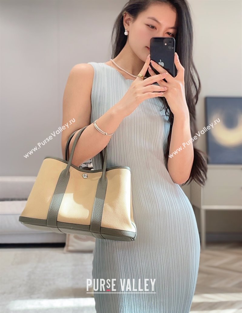Hermes Garden Party Bag 30cm in Canvas and Grained Leather Cream Beige/Cloud Grey 2025 (Half Handmade) (FL-250522076)