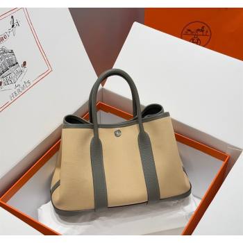 Hermes Garden Party Bag 30cm in Canvas and Grained Leather Cream Beige/Cloud Grey 2025 (Half Handmade) (FL-250522076)