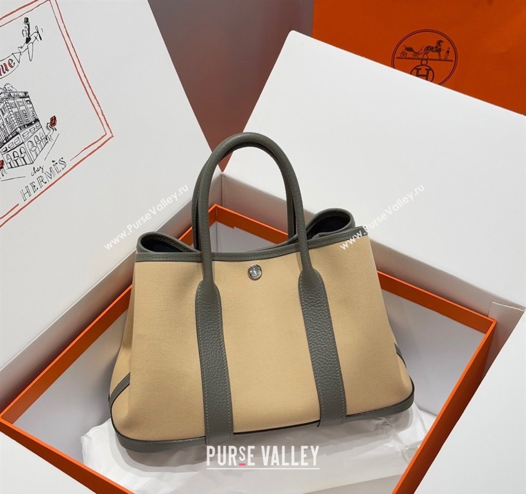 Hermes Garden Party Bag 30cm in Canvas and Grained Leather Cream Beige/Cloud Grey 2025 (Half Handmade) (FL-250522076)