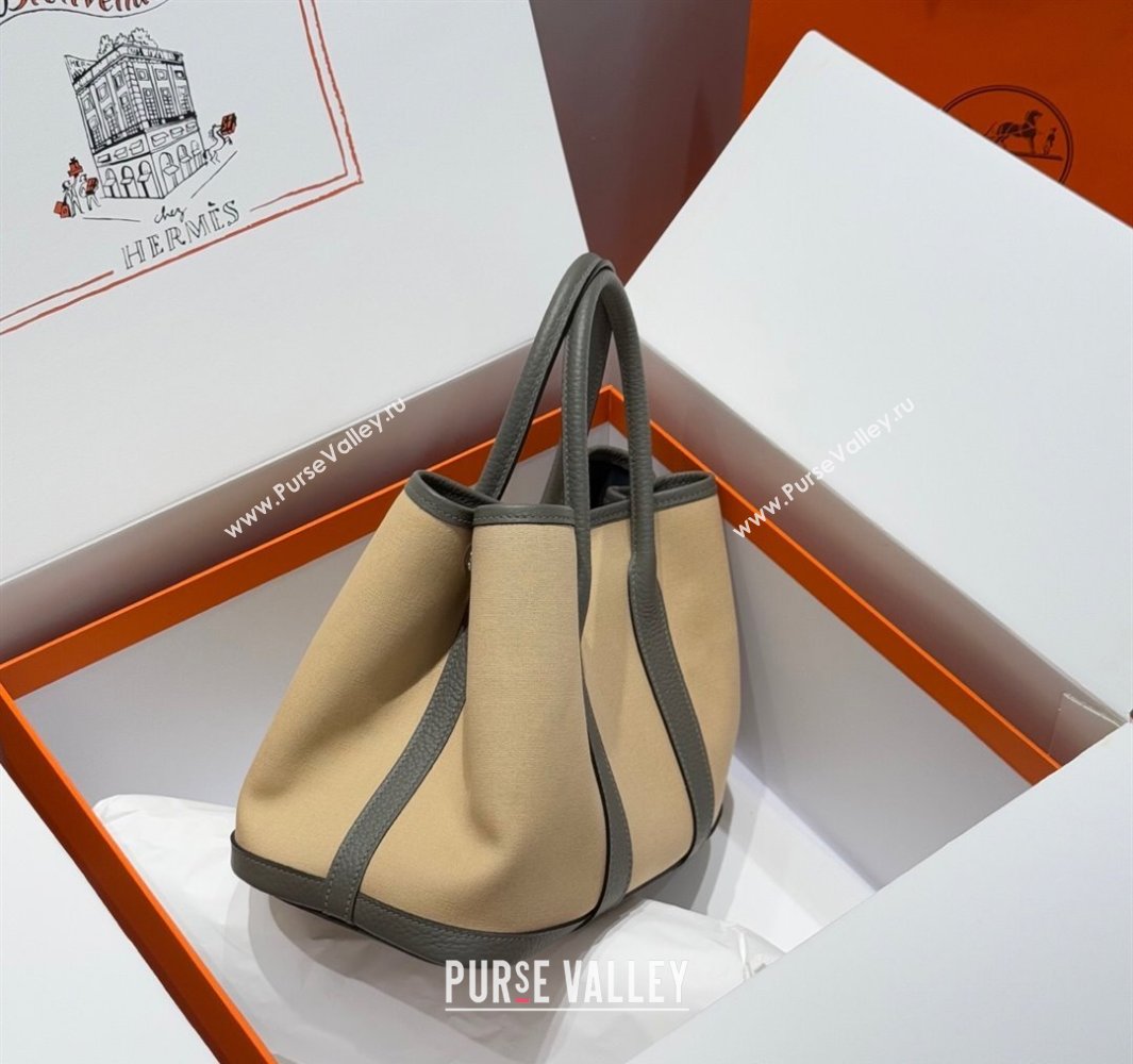 Hermes Garden Party Bag 30cm in Canvas and Grained Leather Cream Beige/Cloud Grey 2025 (Half Handmade) (FL-250522076)