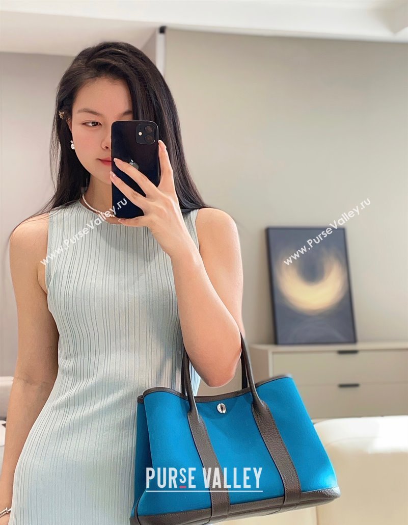 Hermes Garden Party Bag 30cm in Canvas and Grained Leather Prussia Blue/Ebony 2025 (Half Handmade) (FL-250522078)