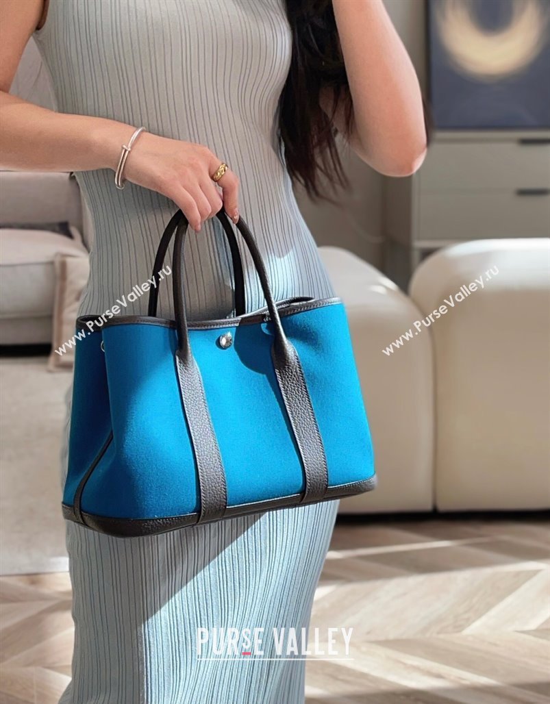 Hermes Garden Party Bag 30cm in Canvas and Grained Leather Prussia Blue/Ebony 2025 (Half Handmade) (FL-250522078)