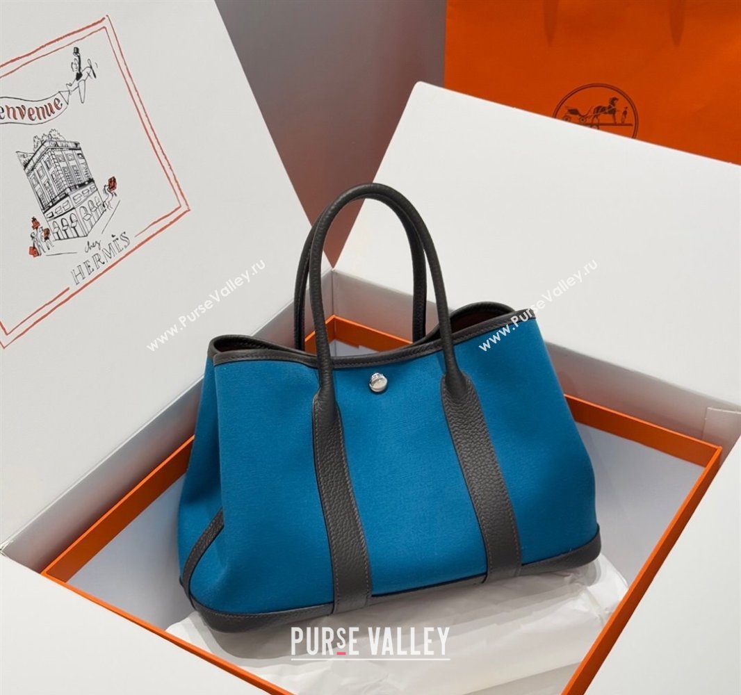 Hermes Garden Party Bag 30cm in Canvas and Grained Leather Prussia Blue/Ebony 2025 (Half Handmade) (FL-250522078)