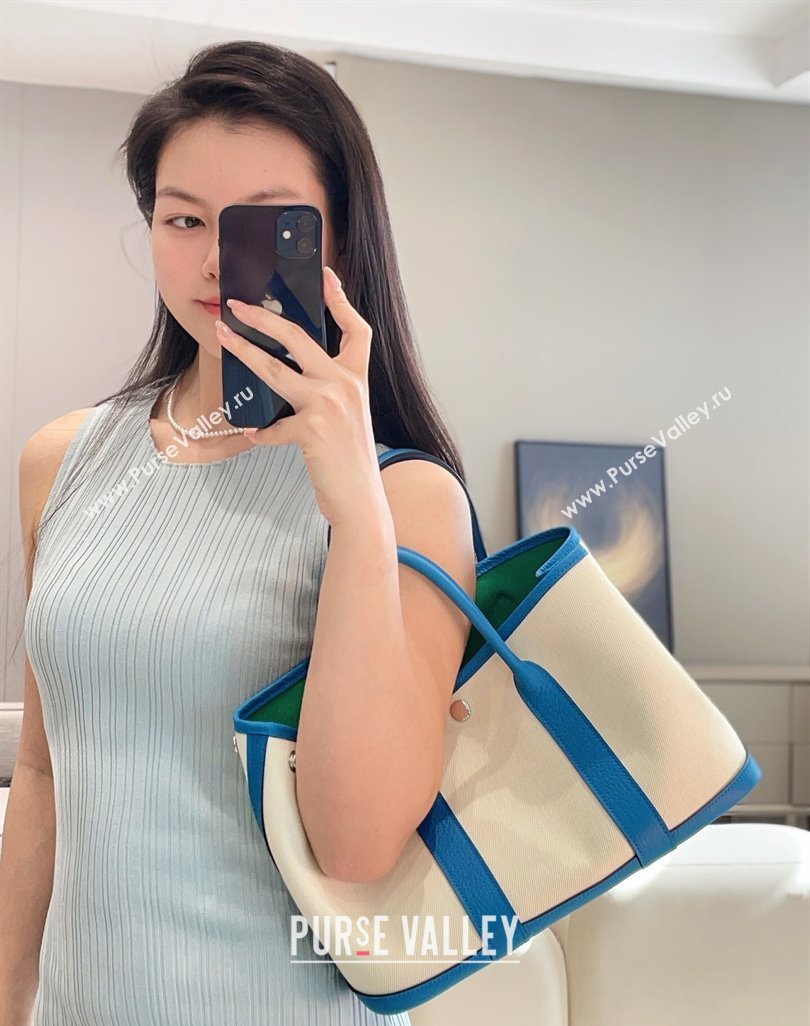 Hermes Garden Party Bag 30cm in Canvas and Grained Leather Glacier White/Tanzania Blue 2025 (Half Handmade) (FL-250522080)