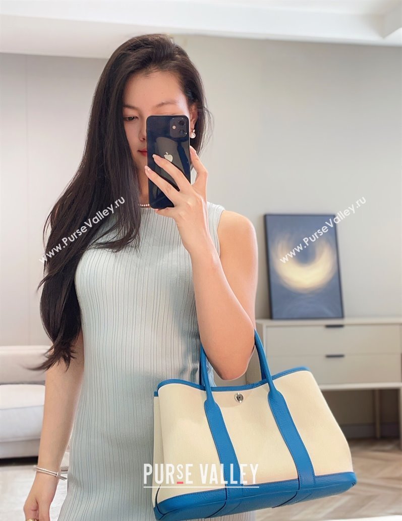 Hermes Garden Party Bag 30cm in Canvas and Grained Leather Glacier White/Tanzania Blue 2025 (Half Handmade) (FL-250522080)