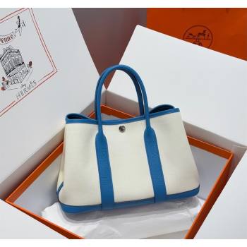 Hermes Garden Party Bag 30cm in Canvas and Grained Leather Glacier White/Tanzania Blue 2025 (Half Handmade) (FL-250522080)