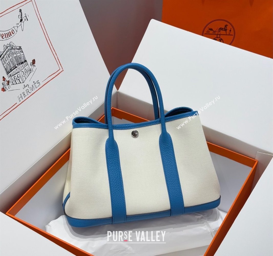 Hermes Garden Party Bag 30cm in Canvas and Grained Leather Glacier White/Tanzania Blue 2025 (Half Handmade) (FL-250522080)