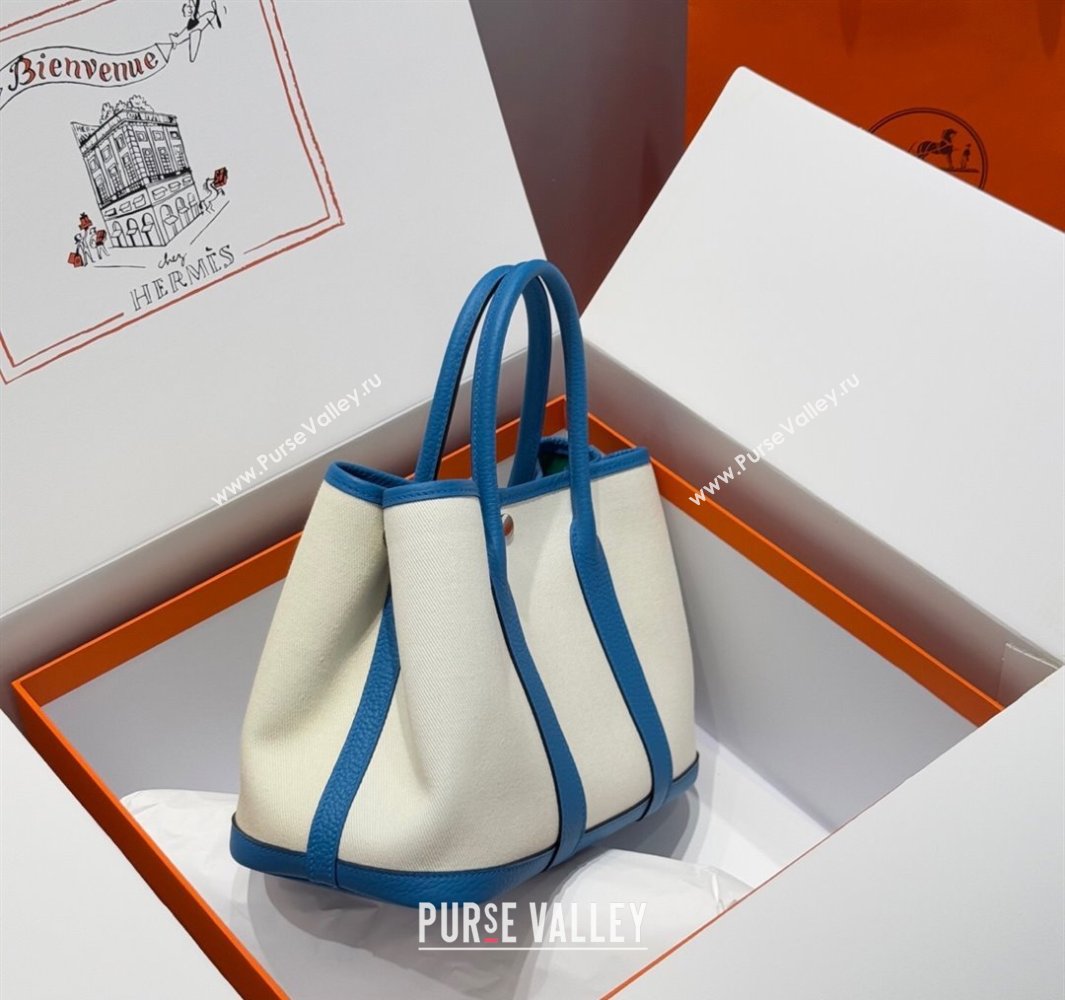 Hermes Garden Party Bag 30cm in Canvas and Grained Leather Glacier White/Tanzania Blue 2025 (Half Handmade) (FL-250522080)