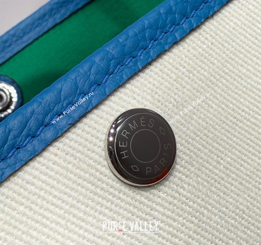 Hermes Garden Party Bag 30cm in Canvas and Grained Leather Glacier White/Tanzania Blue 2025 (Half Handmade) (FL-250522080)