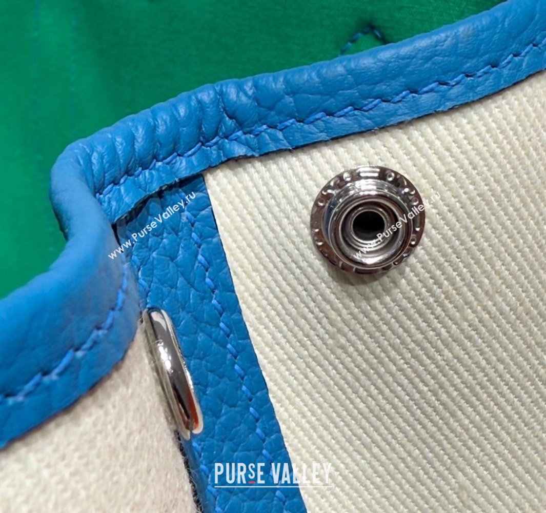 Hermes Garden Party Bag 30cm in Canvas and Grained Leather Glacier White/Tanzania Blue 2025 (Half Handmade) (FL-250522080)