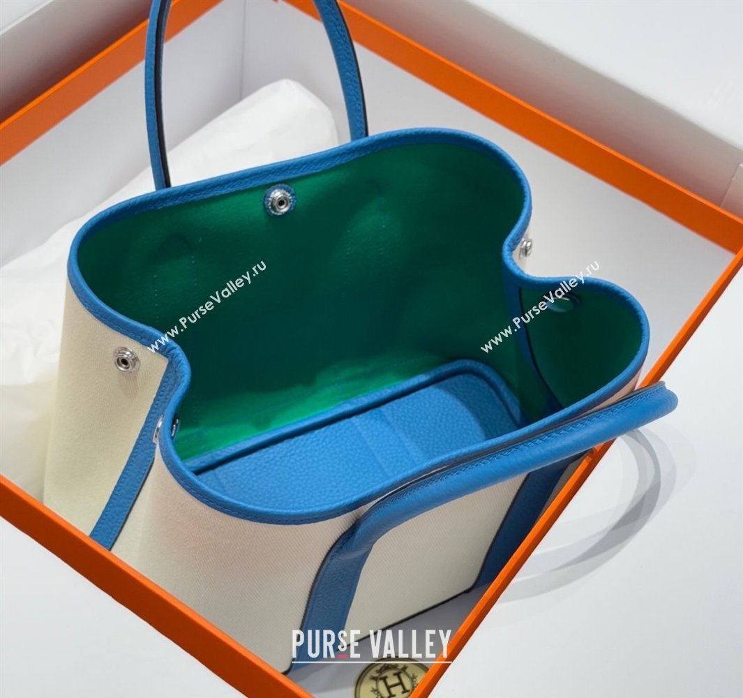 Hermes Garden Party Bag 30cm in Canvas and Grained Leather Glacier White/Tanzania Blue 2025 (Half Handmade) (FL-250522080)