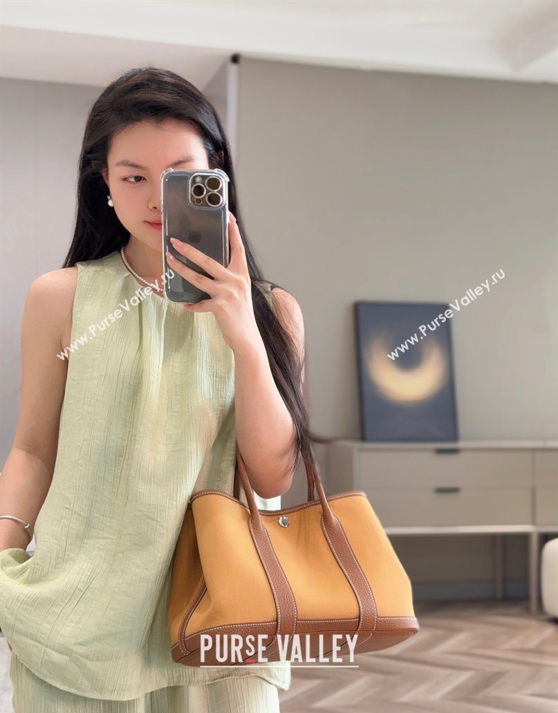 Hermes Garden Party Bag 30cm in Canvas and Grained Leather Golden Brown 2025 (Half Handmade) (FL-250522081)