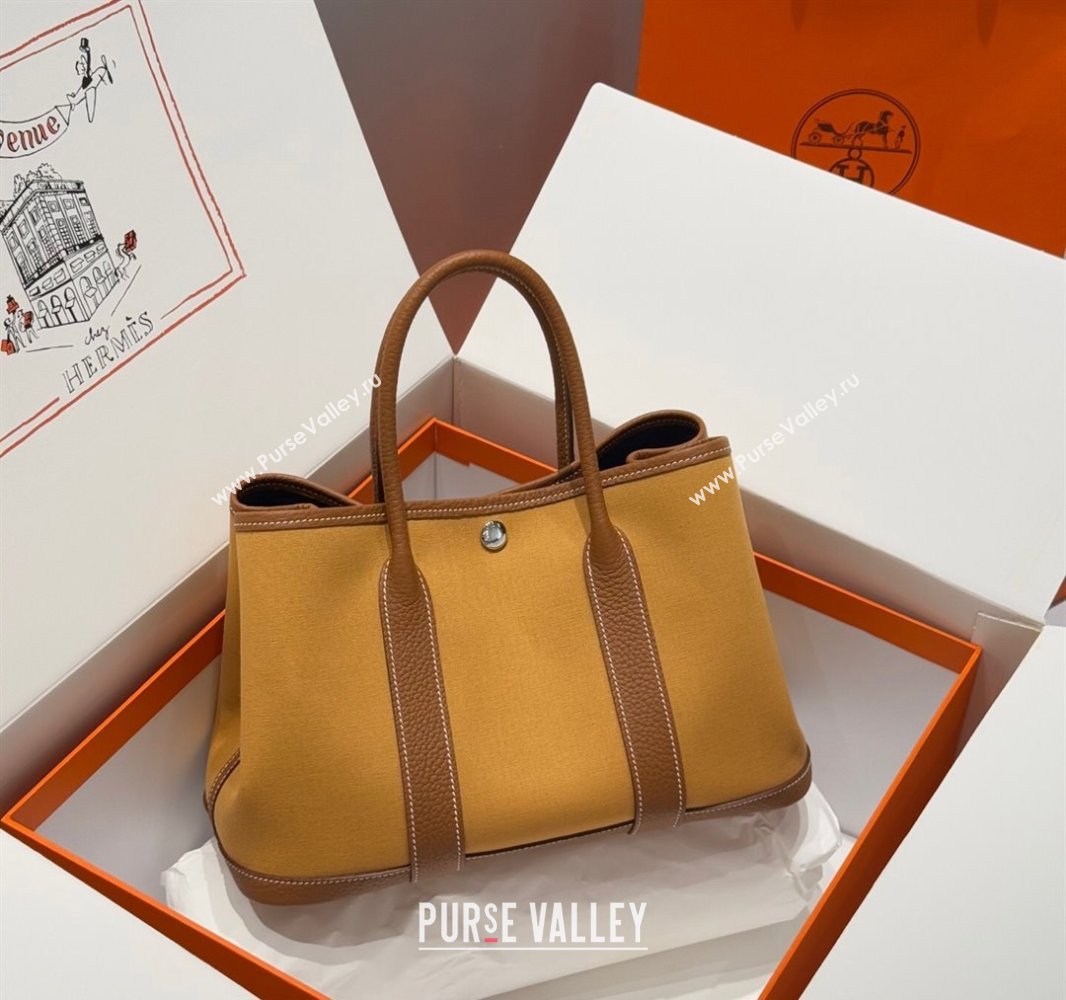 Hermes Garden Party Bag 30cm in Canvas and Grained Leather Golden Brown 2025 (Half Handmade) (FL-250522081)