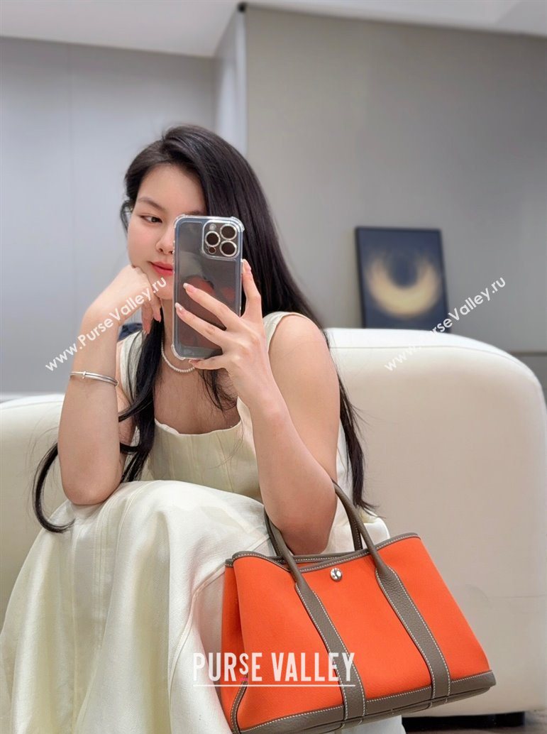 Hermes Garden Party Bag 30cm in Canvas and Grained Leather Elephant Grey/Orange 2025 (Half Handmade) (FL-250522082)