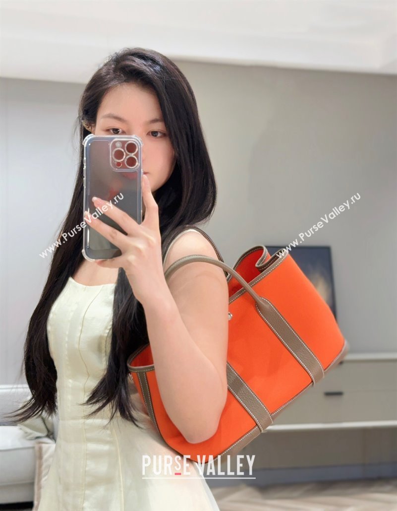 Hermes Garden Party Bag 30cm in Canvas and Grained Leather Elephant Grey/Orange 2025 (Half Handmade) (FL-250522082)
