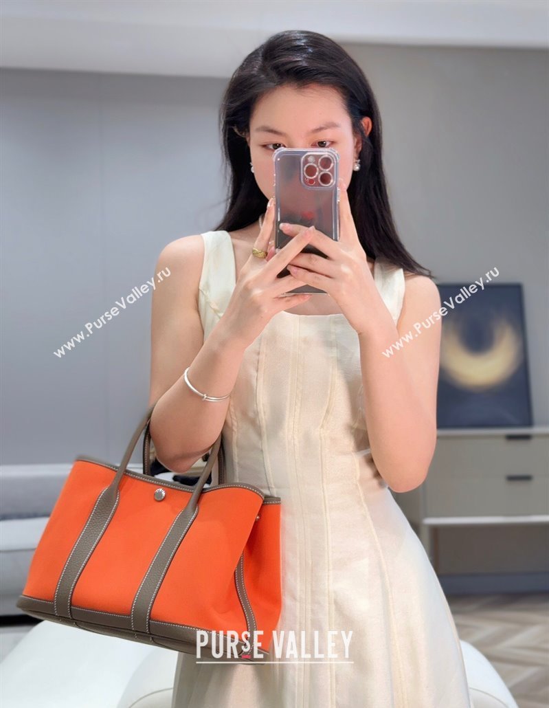 Hermes Garden Party Bag 30cm in Canvas and Grained Leather Elephant Grey/Orange 2025 (Half Handmade) (FL-250522082)