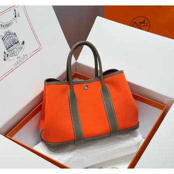 Hermes Garden Party Bag 30cm in Canvas and Grained Leather Elephant Grey/Orange 2025 (Half Handmade) (FL-250522082)